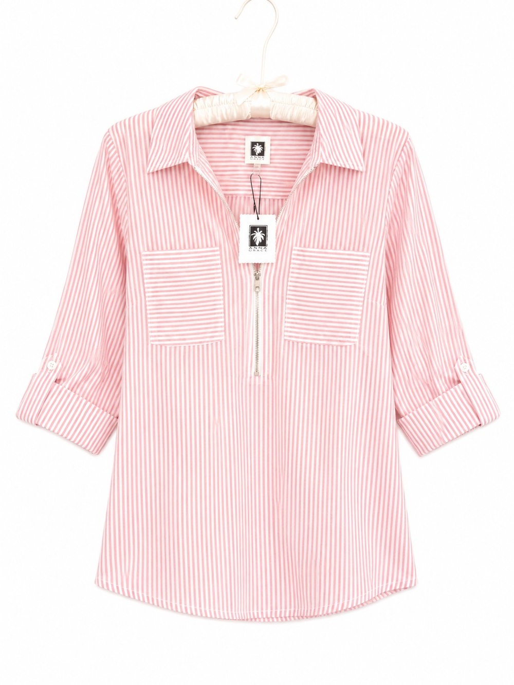 NWT Anne Klein Pink Salt Stripe Zip Popover Blouse Gold Metallic Size L